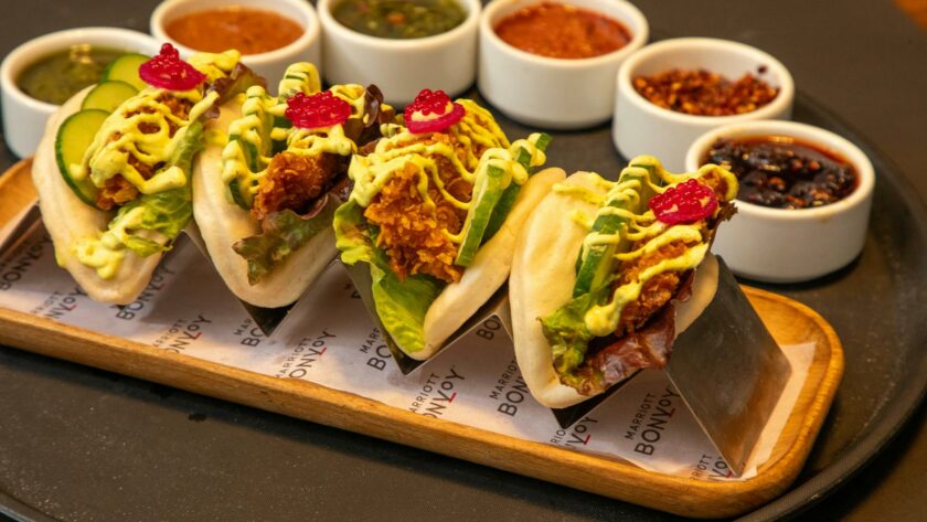 gourmet bao buns with assorted sauces