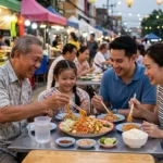 Famille partageant un Pad Thaï au poulet dans un marché nocturne thaïlandais