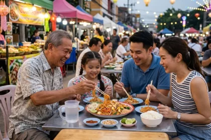 Famille partageant un Pad Thaï au poulet dans un marché nocturne thaïlandais