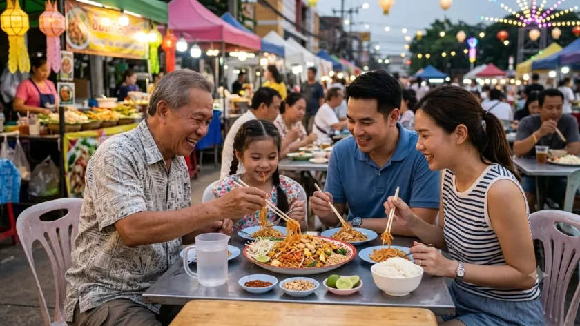 Famille partageant un Pad Thaï au poulet dans un marché nocturne thaïlandais